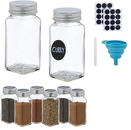 Relaxdays Gewürzgläser 8er Set, Streueinsatz, Gewürzdosen Glas, 120 ml, inkl. Etiketten, Stift & Trichter, transparent