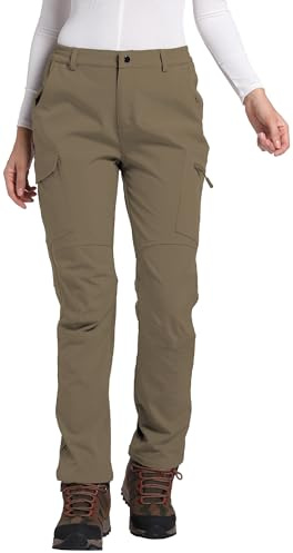 Women's Fleece Lined Waterproof Hiking Pants Insulated Softshell Warm Outdoor Winter Snow Ski Pants Khaki XS