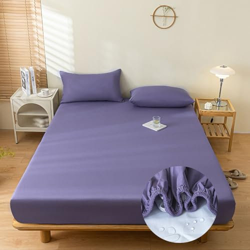 Highdi Wasserdichter Spannbettlaken, Spannbetttuch Weich Matratzenschoner Bettlaken Bis 25 cm Matratzenhöhe, Spannbetttücher für Kinder Erwachsene (90x200cm,Lila)
