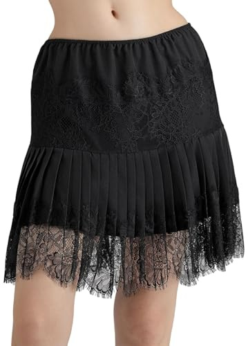 Caziffer Women's Fashion Mini Skirts Mid-Rise Pleated Lace Skirts Spring Summer Beach Boho Lady A Line Mini Skater Skirt Casual Short Skirts (Black, S)