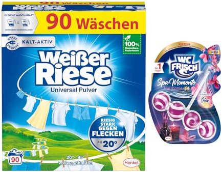 Weißer Riese Universal Pulver (50 Waschladungen), Vollwaschmittel wirkt riesig stark gegen Flecken, Kalt-Aktiv schon ab 20° C + WC Frisch Premium Spa Momente Harmonie (1x50g)