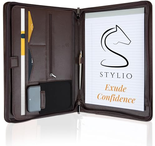 STYLIO Zipper Padfolio Portfolio Binder Organizer (Walnut Color) | Faux Leather Portfolio for Resume, Documents, Phone, Tablet, Business Supplies and Cards | Letter Sized Notepad Included | Brown