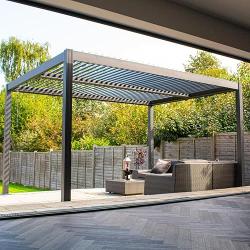 BPS® Deluxe Full Aluminium Pergola | Dual Zone Louvred Roof | Built in Drainage | Clip in Louvres | Garden Canopy | Sun Shade | Anthracite Grey 4x3m