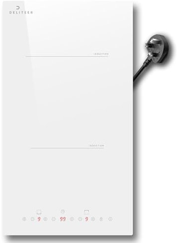 DELITEER Plug-in Induction Hob White, Double Electric Induction Hob Built-in 30CM, Electric Cooktop 2 Ring, 2800W, 9 Power Levels, Safety Lock, Timer, Individual Touch Control, 230V