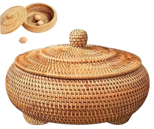 Canasta de mimbre pequeña con tapa, caja tejida de ratán redonda de 22 cm con tapa, cestas de almacenamiento decorativas de escritorio para la cocina de la granja de la casa