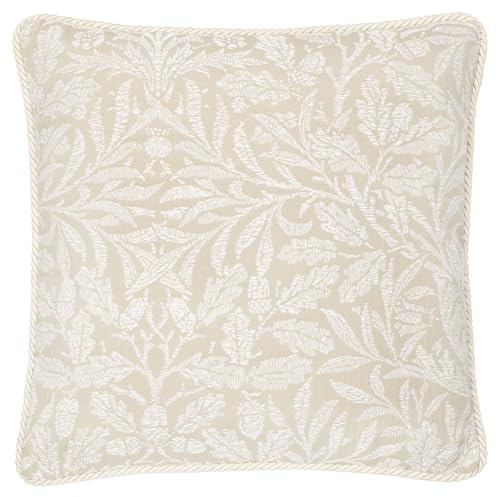 Morris&Co. Acorn Tonal Feather Rich Filled Cushion – Piped Jacquard Woodland Pillow with Rope Trim (Linen - 50x50cm)