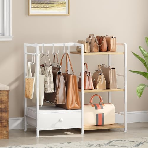 HOOBRO Scaffale da Appendere a 3 Ripiani con Cassetto e 6 Ganci, Confezione per Borse, Organizer per Armadio, Porta Portafogli da Terra per Ingresso, Camera da Letto, Bianco e Legno Naturale EWN28CJ01