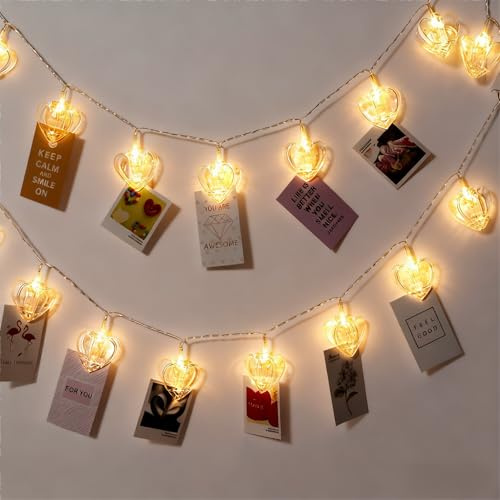 DWUENT Heart Fairy Lights for Bedroom Decor, 3M 20 LED Transparent String Lights with 2 Modes, Detachable Battery Box, 50000H Life & UV-Resistant Photo Clips for Wedding Party Birthday
