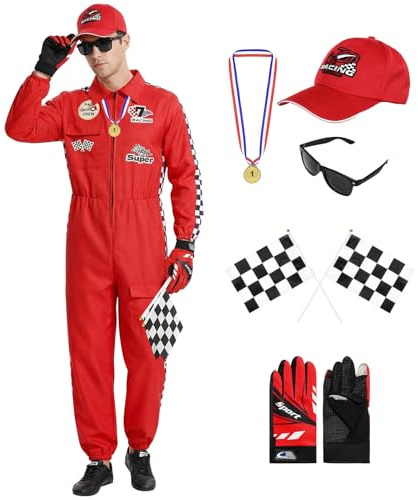 Joyesplay Costume da pilota da uomo e donna, costume da carnevale per adulti, tuta da corsa, 6 pezzi con cappello, occhiali da sole, medaglia (rosso, M)