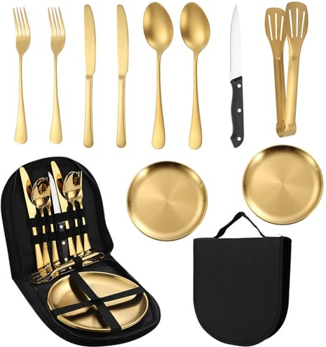 Camping Geschirr Set 2 Personen, Edelstahl Camping Besteck, 10 Stück, Gold