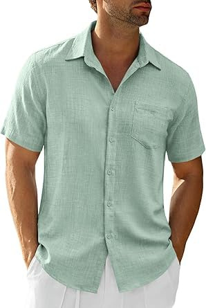 Runcati Camisa de hombre de manga corta para verano, camisa de lino para hombre, monocolor, con botones, camisa informal, corte regular, camisa informal para la playa con bolsillo en el pecho