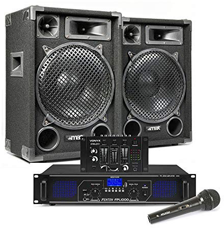 Max SP12 Complete Beginner DJ Setup & PA System - 12 Passive Speakers, 1000W Bluetooth Amplifier, Mixer & Microphone for Small Events & Home Performances