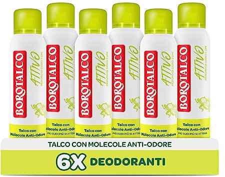 Borotalco, Deodorante Spray Attivo Giallo, Senza Alcool, con Molecole Anti Odore per Profumo a Rilascio Graduale, Profumo di Cedro e Lime, Deodorante Uomo e Donna - 6 Flaconi da 150ml