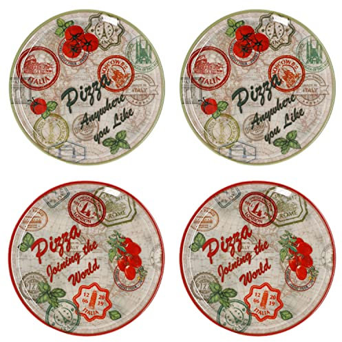 MamboCat 4er Set Pizzateller Moskau & Rom Grün & Rot Ø 31,5 cm I weisse Porzellanteller mit Motiven zum Servieren für Antipasti und Tomate-Mozzarella I Pizzaplatten Frühstücksteller mediterran