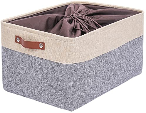 Mangata Fabric Storage Boxes, Thickened Canvas Storage Baskets with Handle for Shelves, Clothes Toys (XXL, Grey/Beige, with Drawstring,1 Pcs)