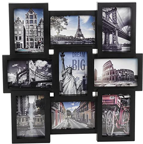 Large Multi Aperture Collage Picture Frame Holds 9/11/18 Photos 6x4 Wood Look (9 Piece Photo Frame, Black)