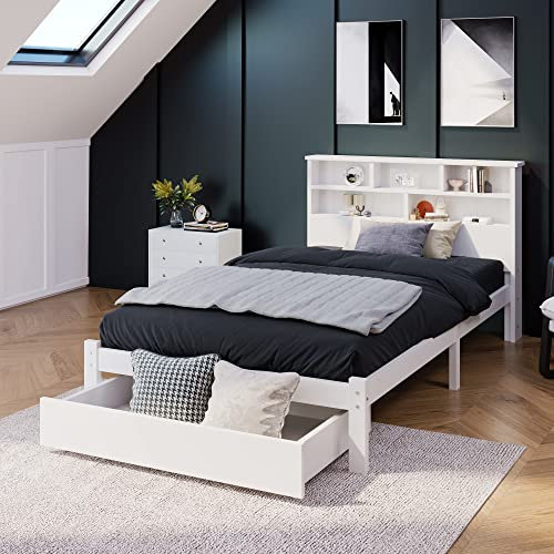 Oyemige Einzelbett 90x200 mit lattenrost, Bett aufbewahrungsfunktion, Holzbett, Jugendbett, für Erwachsene & Jugendliche, Einfache Montage, Keine Matratze (Weiß, Einzelbett 90x200)