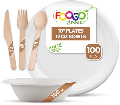 FOOGO Green 500pcs Disposable Sugarcane Fibre Paper Plates, Bowls and Wooden Cutlery Set, FSC® Certified, 100x Large Round Plates, 100x Bowls, 100x Forks, 100x Knives, 100x Spoons, Eco Friendly