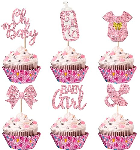 24 Pack It's a Girl Cupcake Toppers Glitter Pacifier Onesie Jumpsuit Bow Gender Reveal Cupcake Picks Welcome Baby Shower Cake Decorations for Baby Girl Birthday Theme Party Supplies Pink