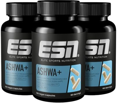 ESN Ashwa +, Ashwagandha hochdosiert, patentiertes KSM 66®, 3 x 120 Kapseln, mit Magnesium, Vitamin B6 & Zink - made in Germany