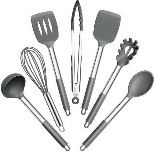 Joyfair Lot de 7 ustensiles de cuisine, gris, antiadhésifs, résistants à la chaleur, pour cuisiner, cuire, flip, faciles à nettoyer et passent au lave-vaisselle