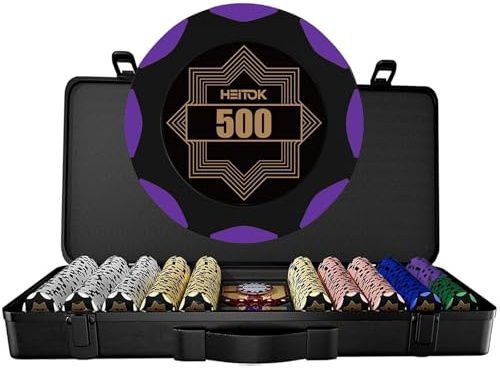 HEITOK 500 Pcs Poker Chip Set 14 Gram Clay Composite Heavyweight Casino Chips Texas Holdem Blackjack Gambling Set with Durable Polycarbonate Case and Metal Dealer Button for Professional Game Night