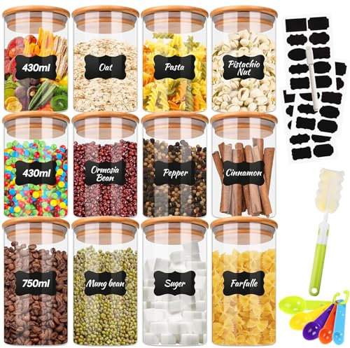 TEGOVE Juego de 12 tarros de cristal con tapa de bambú, 430 ml/750 ml, tarros de cocina con tapa de bambú, herméticos para alimentos, ideales para la conservación de productos secos, especias, té
