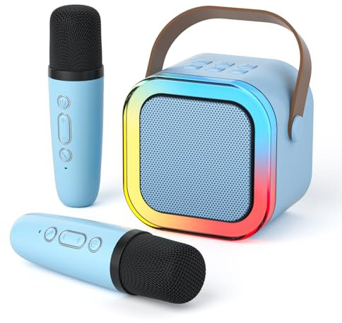 DRSYXCS Máquina de karaoke para niños y adultos, mini altavoz Bluetooth con 2 micrófonos inalámbricos, kit de juguetes de micrófono portátil con luz LED de fiesta y cambiador de voz para niños y niñas