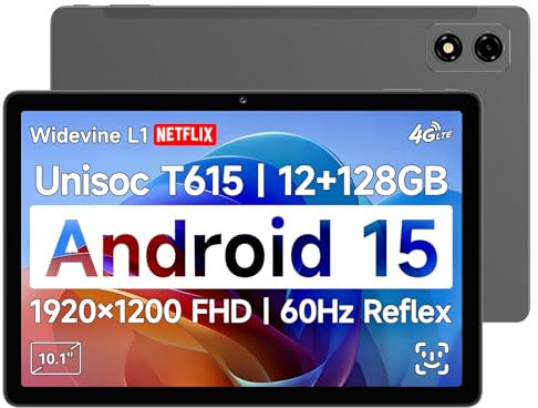 BNCF Tablet Android 15 10,1 FHD IPS 1920x1200, 60Hz, Widevine L1, Unisoc T615 (8 core), 12GB+128GB (espansibile fino a 1TB), 4G LTE, Wifi 2.4G/5G, BT5.0, GPS, fotocamera 5MP, batteria 6500mAh