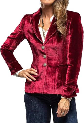 Veste Blazer en Velours Vintage pour Femmes Veste Cardigan à Manches Longues à Revers Décontracté à La Mode Boutons Courts avec Poches Veste Vêtements De Travail élégants (Bourgogne,L)