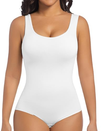 ONEW Shapewear Bodysuit Seamless Round Neck Tank Tops Tummy Control Full Body Shaper Waist Trainer Vest White S
