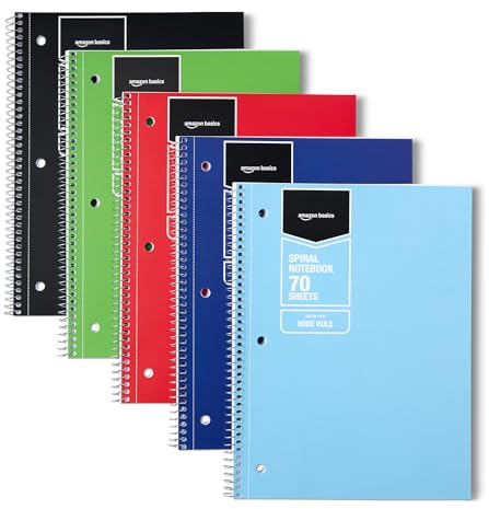 Amazon Basics Wide Ruled Spiral Notebook, For Work and School, 70 Sheets, 8 x 10.5, Assorted Solid Colors, 5 pack