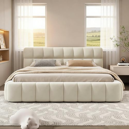 BRILVERDE Polsterbett 140x190 cm Bubble Bett, Doppelbett mit Weiches Kopfteil, Jugendbett, Bettgestell mit Lattenrost, Leinen, ohne Matratze (Beige, 140 x 190 cm)