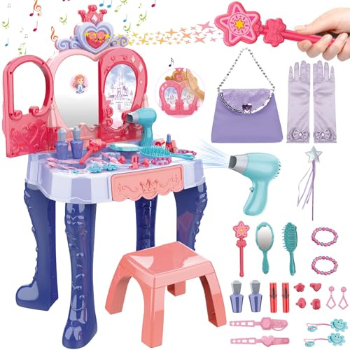 deAO Tocador Infantil Princesas con Iluminación, Música, Taburete y Accesorios, Abre la Puerta por Inducción, Conjuntos De Maquillaje y para Juegos Infantiles para Niñas Partir de 3 Años - Azul