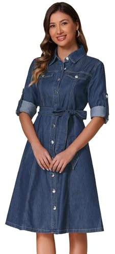 Allegra K Abito Camicia in Denim da Donna Abbottonato Manica Lunga con Cintura Classico Abito in Jeans Blu Scuro M