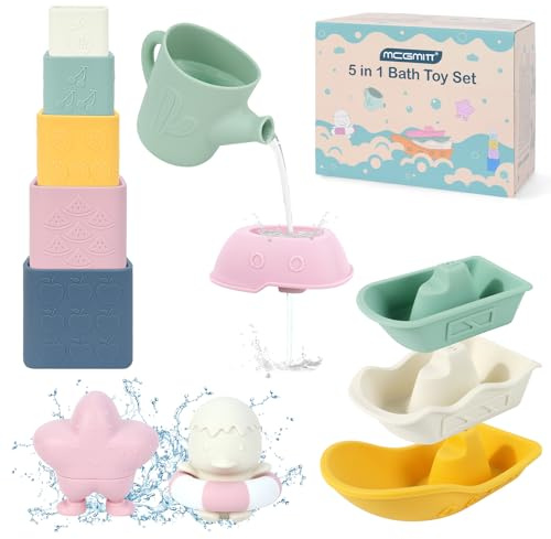 MCGMITT Set Giocattoli da Bagno Montessori, 12 Pezzi in Silicone Senza BPA, Bicchieri Impilabili e Anatre Galleggianti, Giochi Educativi Sensoriali per Bambini 6-36 Mesi, Multicolore