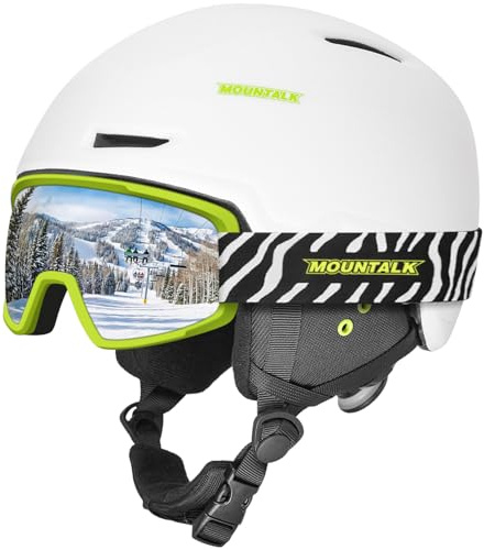MOUNTALK Ski Helmet and Goggles for Men, Women & Kids - Lightweight in-Mold Snowboard Helmet with Adjustable Venting & OTG Anti-Fog Goggles - All-Weather Silver Mirror Lens - ASTM Certified,White,S