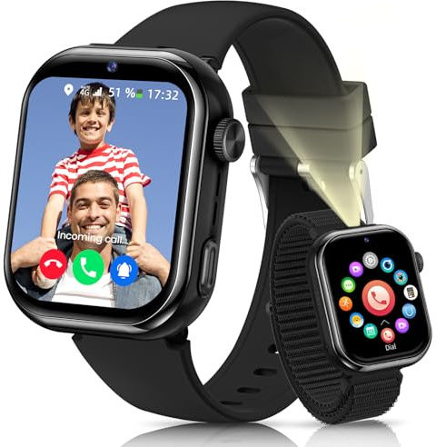 RUXINGX 4G Smartwatch Kinder mit GPS und Telefonanruf, Kinderuhr mit IP68 Wasserdicht, Zwei-Perspektiven, Voice Chat, Taschenlampe, Schulmodus, Schrittzähler, Wecker für Jungen Mädchen, Schwarz