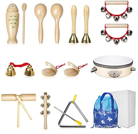 Strumenti Musicali Legno per Bambini, 16 Pezzi Tambourine Maracas Giochi Ritmo Tamburi e Percussioni per Bimbi 1 2 3 Anno, Educativi Giocattolos Regalo di Compleanno di Natale