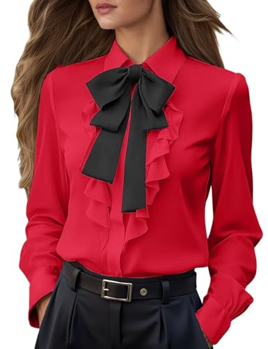 Generisch Elegante camicia da donna in raso con fiocco, a maniche lunghe, casual, casual, in seta, con volant, da ufficio, da lavoro