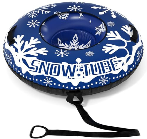 COSTWAY 42”/52 Inflatable Snow Tube, Heavy-Duty Sled Ski Tube with Handles, Premium Oxford Cover and Tow Strap, Outdoor Snow Sledge Fun Toys for Kids & Adults (Navy, 42)