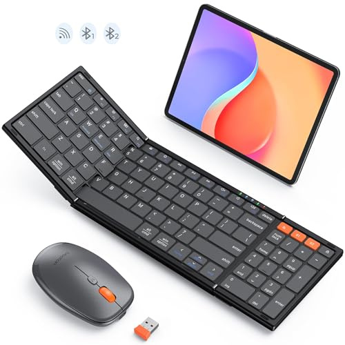 MEETION Foldable Keyboard and Mouse, Folding Portable Wireless Keyboard Mouse, Full Size Rechargeable 2.4G+2*Bluetooth Keyboards for Business Travel, QWERTY UK Layout, Windows/Mac/iOS/Andriod, Black