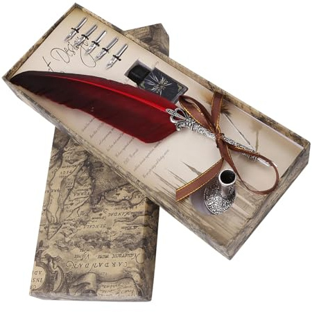 Generic Quill Pen Skrivbläckset med 5 Spetsar, Elegant Fjäderpenna för 20-30 Engelska Bokstäver, Antika Pappersvaror Presentförpackning för Författare och Kalligrafientusiaster (Röd)
