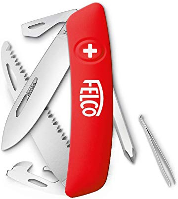 FELCO 506 Schweizisk fickkniv, fällkniv, fjäderkniv (10 funktioner; inkl. skruvmejsel och såg; robust rostfritt stålblad; reptåligt Soft Touch handtag) 506, röd