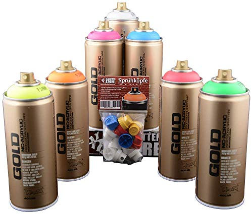 Montana 7 x 400 ml Sprühdosen Neon Farben - fluoreszierend - Acryllack und Ersatzsprühköpfe