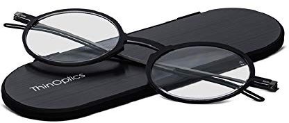 ThinOptics Manhattan Reading Glasses 2.00 Round Black Frames With Milano Magnetic Case - Thin Lightweight Compact Readers 2.00 Strength