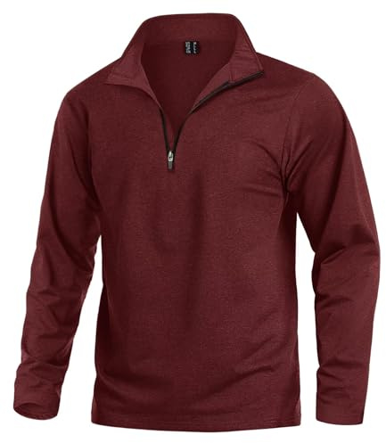 KEFITEVD Camiseta deportiva de manga larga con cremallera de 1/4 para hombre, para gimnasio, correr, senderismo, pesca, con cuello alto, rojo vino, XL