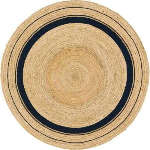 Vipanth Natural Jute Rug with Black Line Handmade Reversible Round Area Rug Hand Braided Rug for Home Decor (90 x 90 Cm Round)