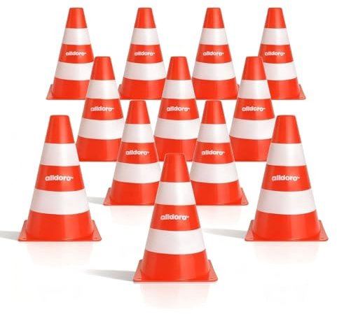 alldoro Pylonen 12er-Set für Kinder, 18 cm hoch, Verkehrshütchen orange-weiß