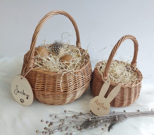 Osterkörbchen für Kinder mit Namens-Anhänger und Stroh, Namensschild Ei, Hasen-Anhänger, Oster-Korb, 15/20cm Durchmesser Ostern Überraschung